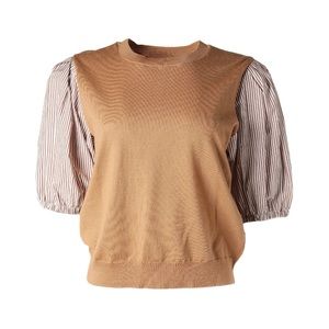 Derek Lam- Harley Mixed Media Puff Shoulder Top in Camel